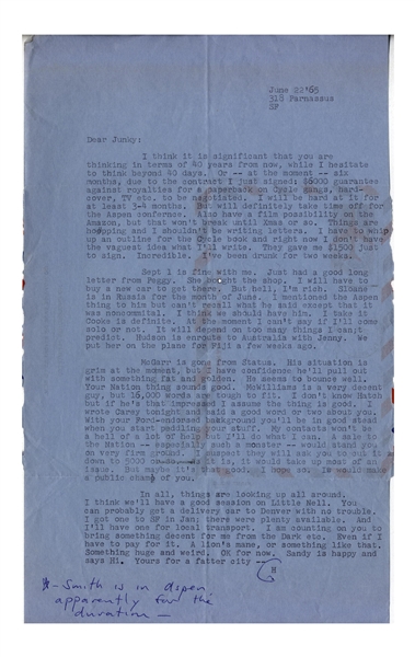 Hunter S. Thompson Letter Signed -- ''...the contract I just signed: $6000 guarantee against royalties for a paperback on Cycle gangs...Things are hopping...''